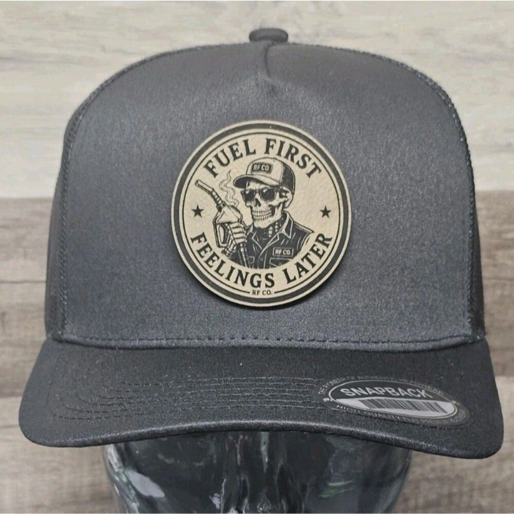 FUEL FIRST FEELINGS LATER (RF CO.) Trucker Snapback Hat Black 5 Panel One Size